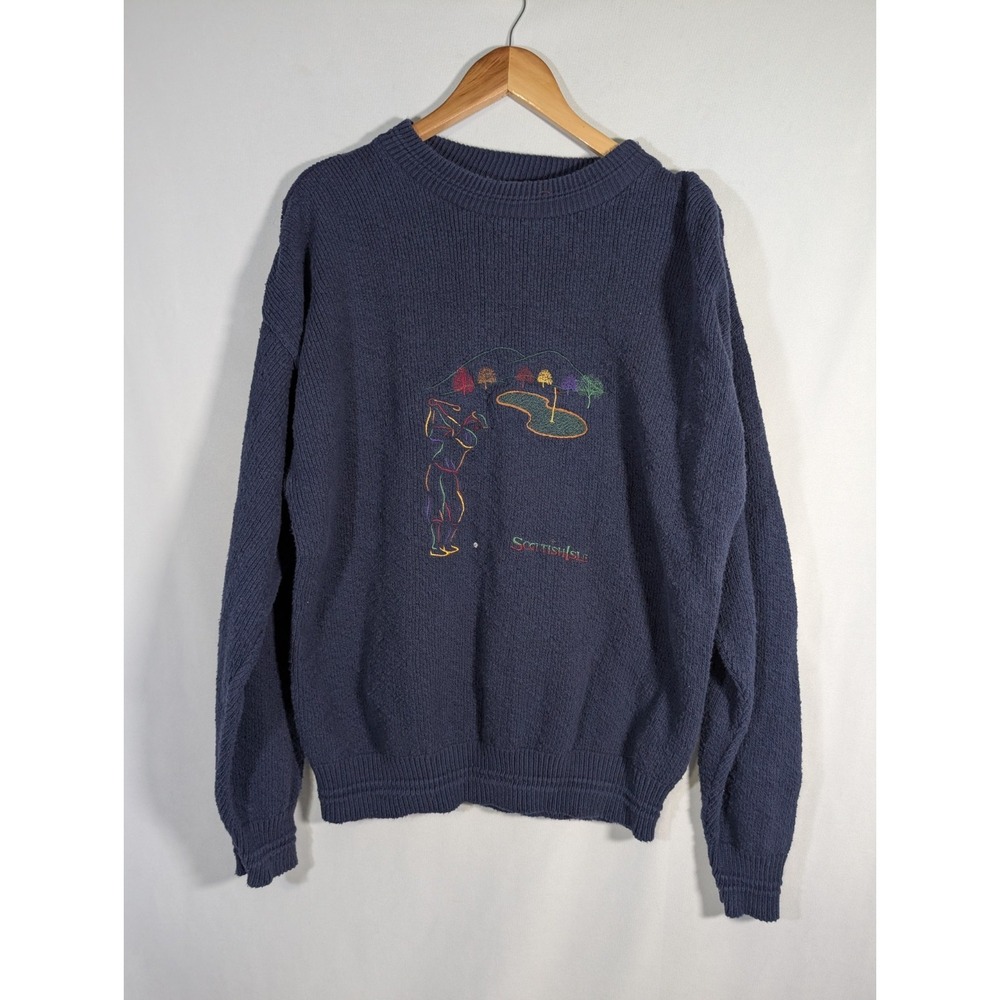 Vintage Y2k Golf Sweater Embroidered Blue Men's Size Large Golf Scottish Isles